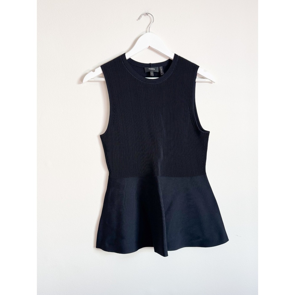 Theory Black Sleeveless Knit Peplum Top Fit & Flare Ribbed Textured Blouse Sz L - Picture 2 of 16